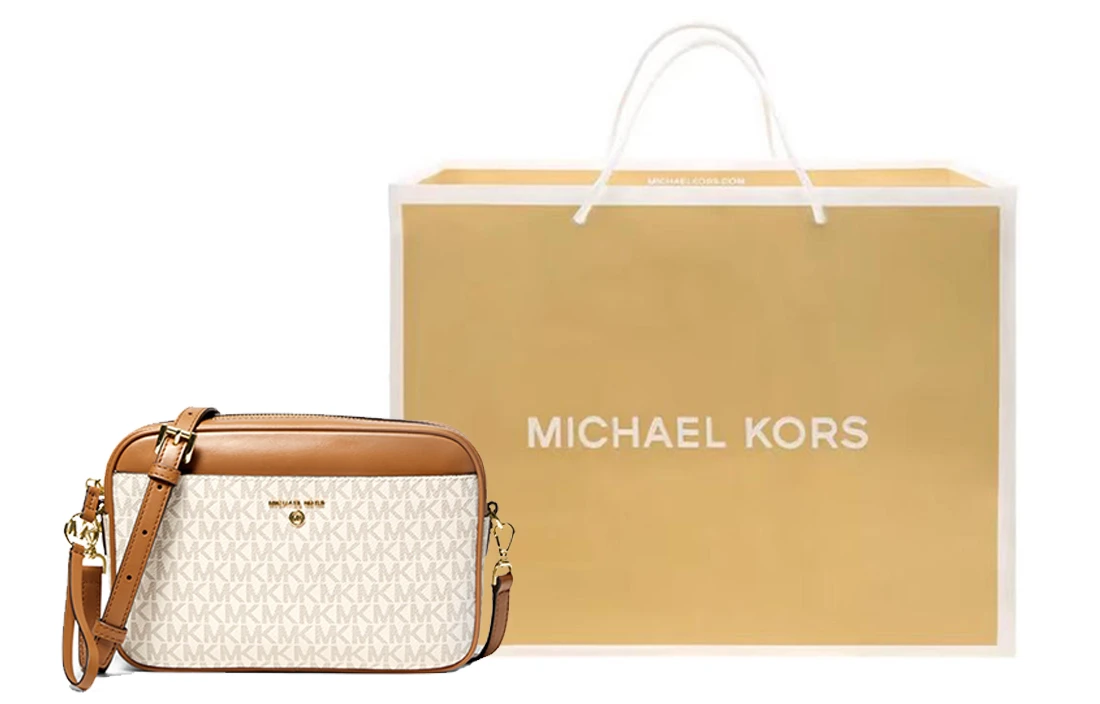 商品[国内直发] Michael Kors|迈克高仕 Jet Set Charm 经典老花拼色字母LOGO复古 织物 MK相机包斜挎包 大号 女款 白色拼橡果棕,价格¥931,第5张图片详细描述