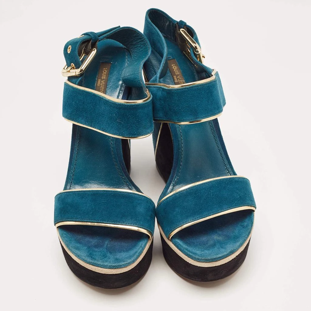 商品[二手商品] Louis Vuitton|Louis Vuitton Gold/Blue Suede Wedge Platform Slingback Sandals Size 40,价格¥4173,第3张图片详细描述
