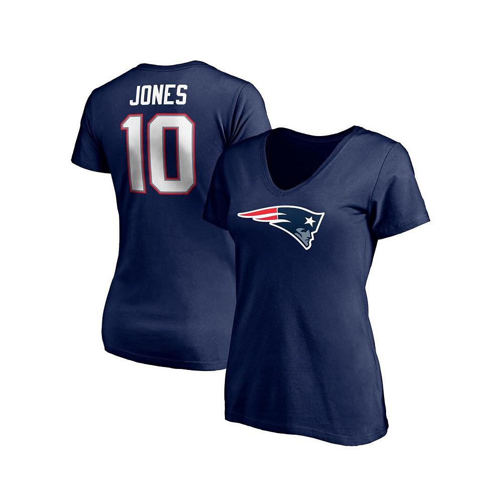 商品Fanatics|Women's Branded Mac Jones Navy New England Patriots Logo Player Icon Name and Number V-Neck T-shirt,价格¥184,第1张图片