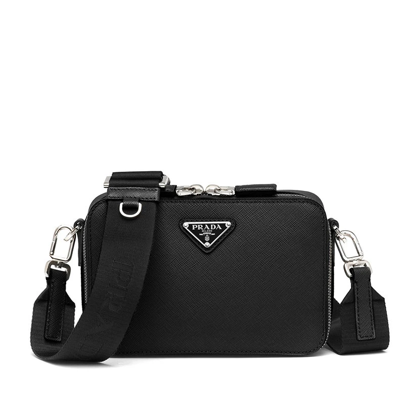 商品Prada|【预售3-7天】普拉达 Brique系列 男士黑色Saffiano皮革银扣三角徽标配织物肩带单肩斜跨包2VH070_9Z2_F0002_V_EMI,价格¥17267,第1张图片