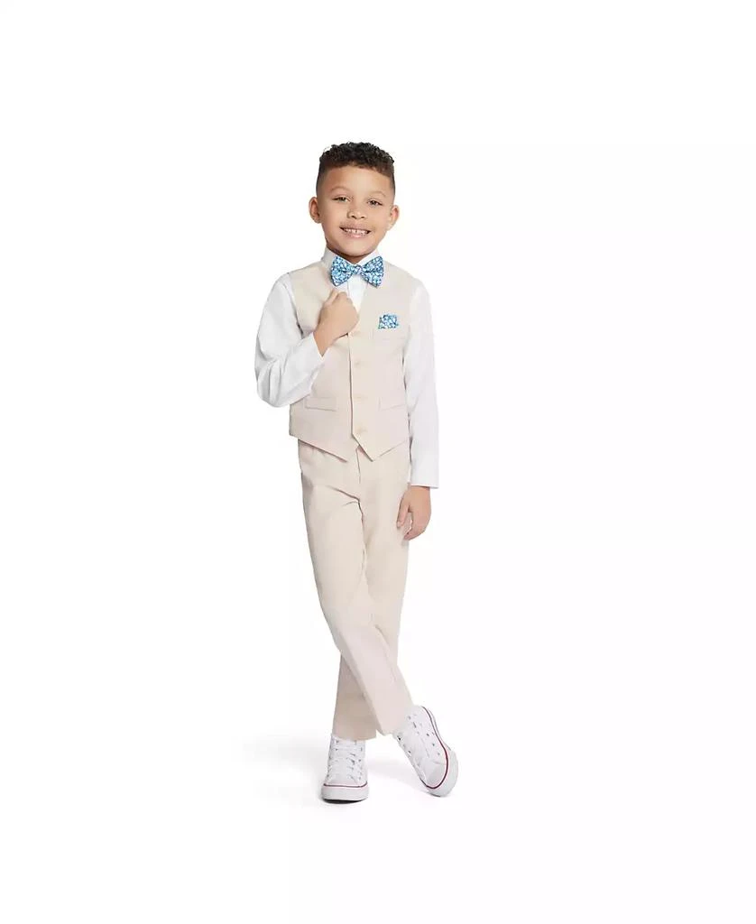 Little Boys Machine Washable Natural-Linen-Look  Vest, Shirt, Pants, Bowtie and Pocket Square, 5 Piece Set 商品