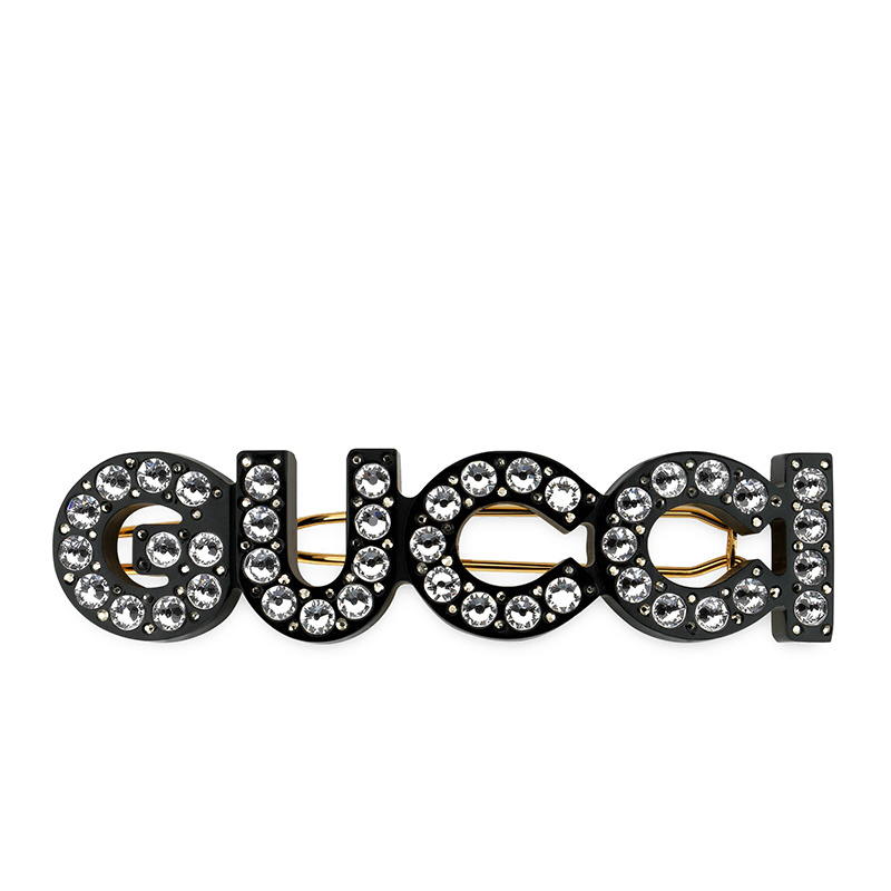 商品Gucci|GUCCI/古驰 黑色树脂Gucci徽标水晶发卡657510I63258519,价格¥3917,第1张图片