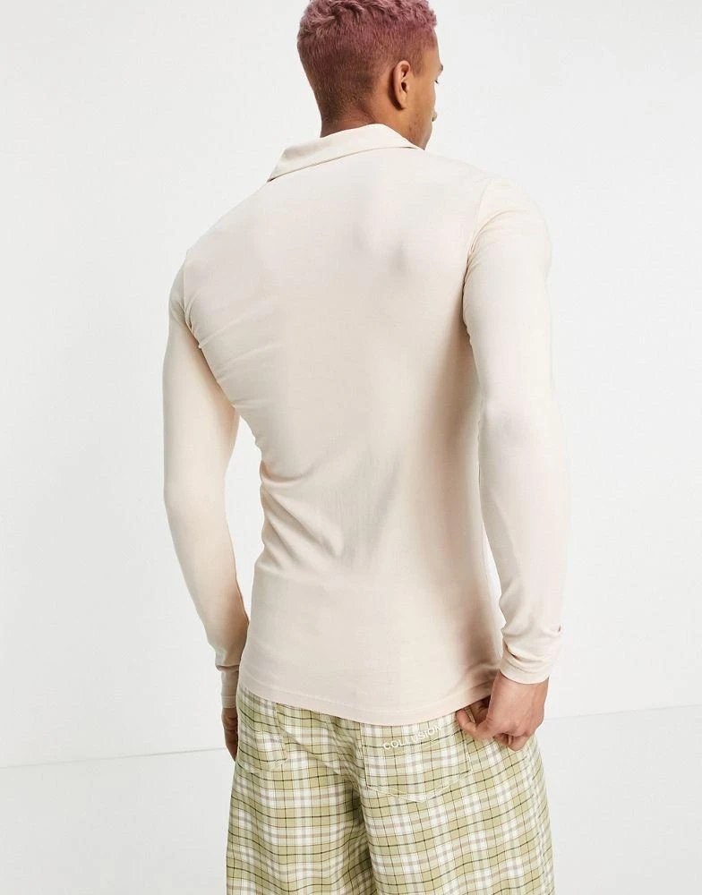商品ASOS|ASOS DESIGN long sleeve button through jersey shirt in beige - BEIGE,价格¥85,第2张图片详细描述