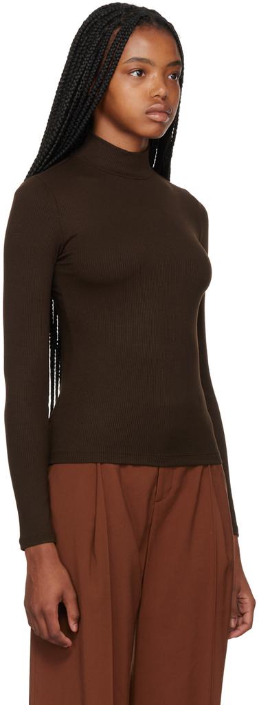 Brown Mock Neck Long Sleeve T-Shirt商品第2张图片规格展示