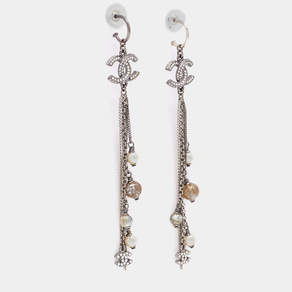 Chanel Gunmetal Tone Crystal CC Faux Pearl & Bead Chain Dangle Earrings商品第2张图片规格展示