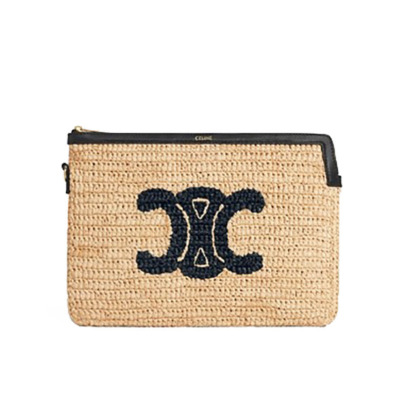 商品Celine|【预售3-7天】CELINE/赛琳 22新款CUIR TRIOMPHE系列 女士自然色/黑色拉菲草编织皮革饰边配可拆卸腕带手拿包10H902EHH.02NC,价格¥5324,第6张图片详细描述