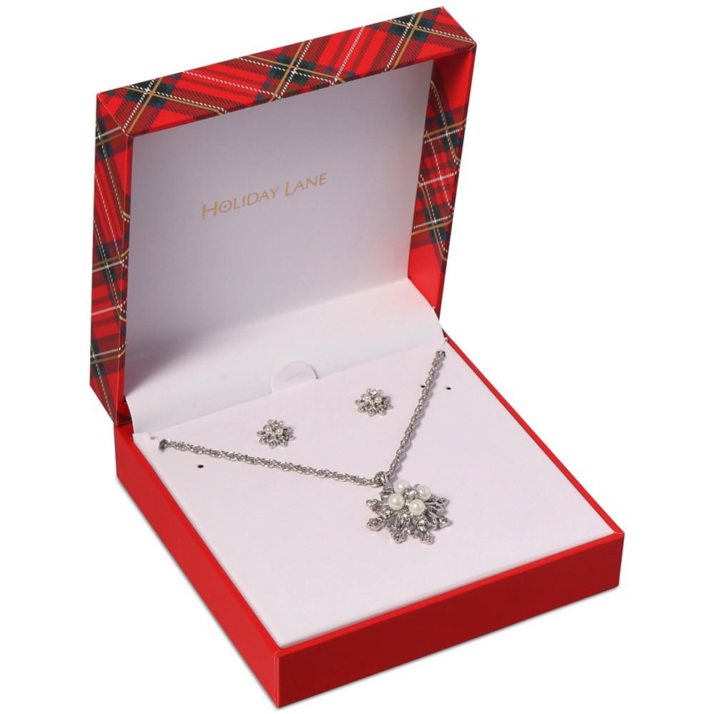 Silver-Tone Crystal & Imitation Pearl Snowflake Pendant Necklace & Stud Earrings Set, Created for Macy's商品第2张图片规格展示