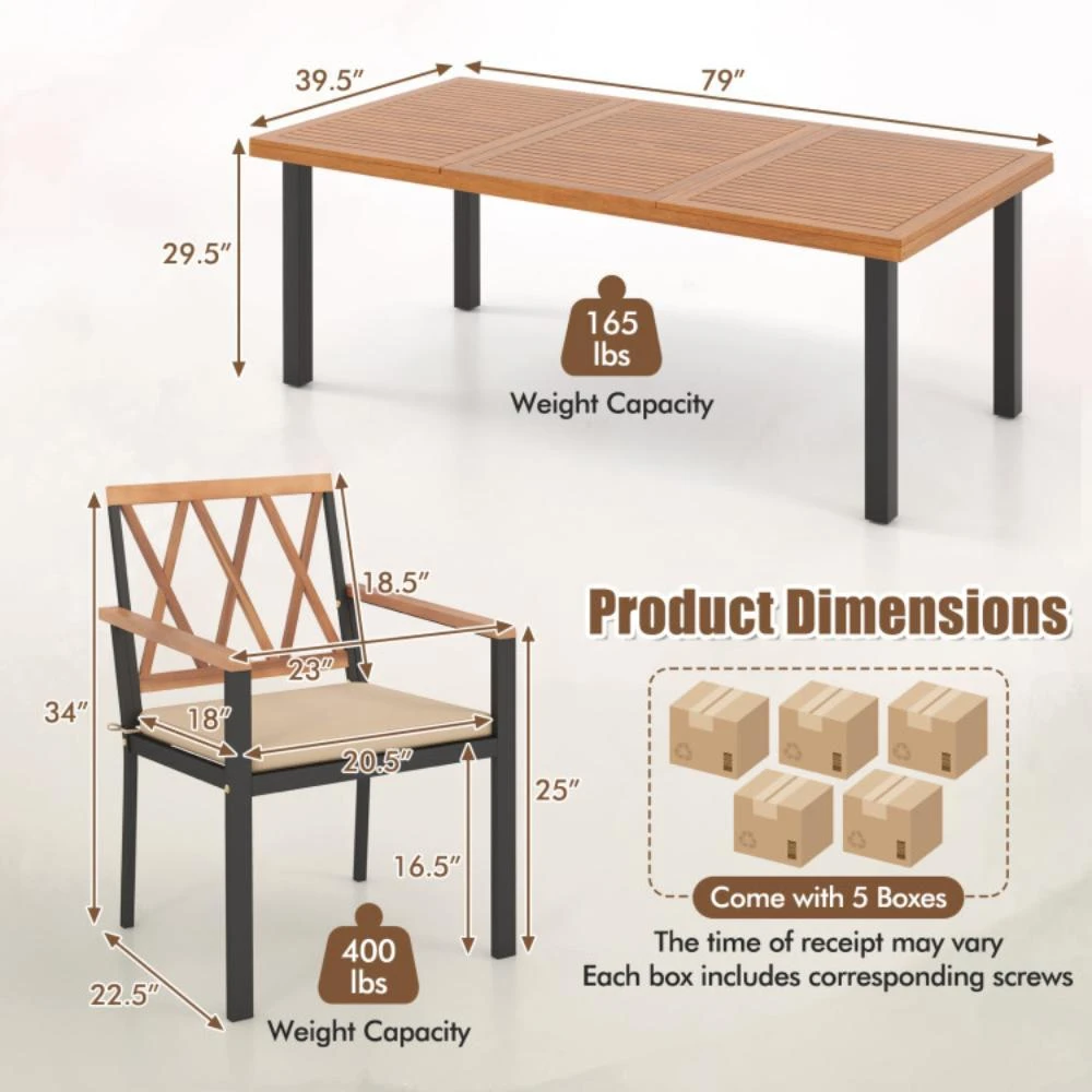 商品Hivvago|9 Pieces Patio Dining Set 39.5 Inch Acacia Wood Table with Umbrella Hole and 22.5-Inch Wide Chairs,价格¥6787,第4张图片详细描述