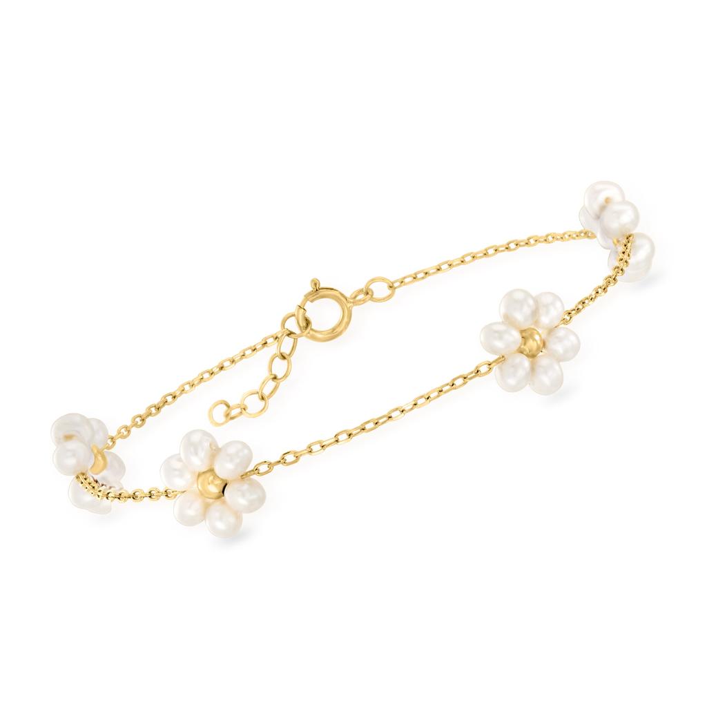 Ross-Simons 3-3.5mm Cultured Pearl Flower Bracelet in 14kt Yellow Gold商品第1张图片规格展示