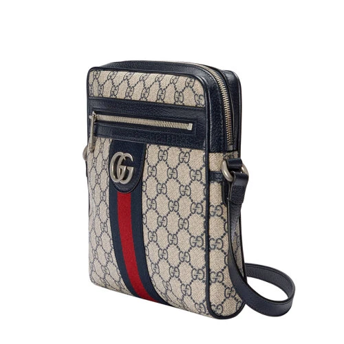 Gucci/古驰 22春夏新款Ophidia系列 男士小号米色/蓝色提花帆布红蓝织带银色徽标老花单肩斜挎邮差包 54792696IWN4076 商品