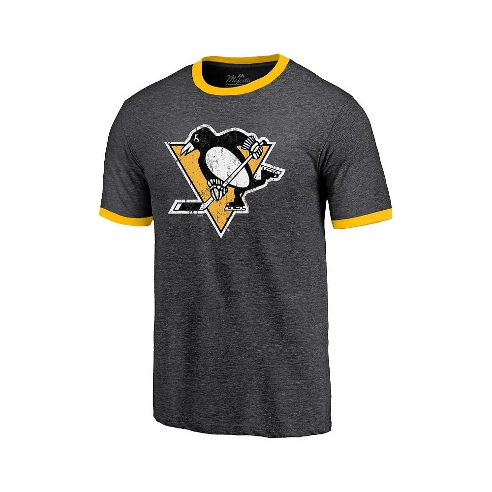 商品Majestic|Men's Threads Heathered Black Pittsburgh Penguins Ringer Contrast Tri-Blend T-shirt,价格¥291,第2张图片详细描述