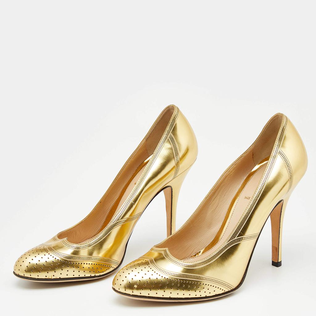 Fendi Metallic Gold Perforated Leather Round Toe Pumps Size 37商品第2张图片规格展示