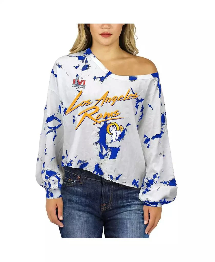 商品Majestic|Women's Threads Matthew Stafford Royal, White Los Angeles Rams Super Bowl LVI Champions Off-Shoulder Tie-Dye Name Number Long Sleeve V-Neck T-shirt,价格¥358,第4张图片详细描述
