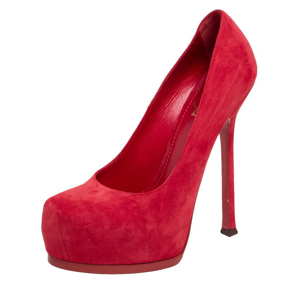 商品Yves Saint Laurent|Saint Laurent Red Suede Leather Tribtoo Platform Pumps Size 38.5,价格¥2203,第1张图片