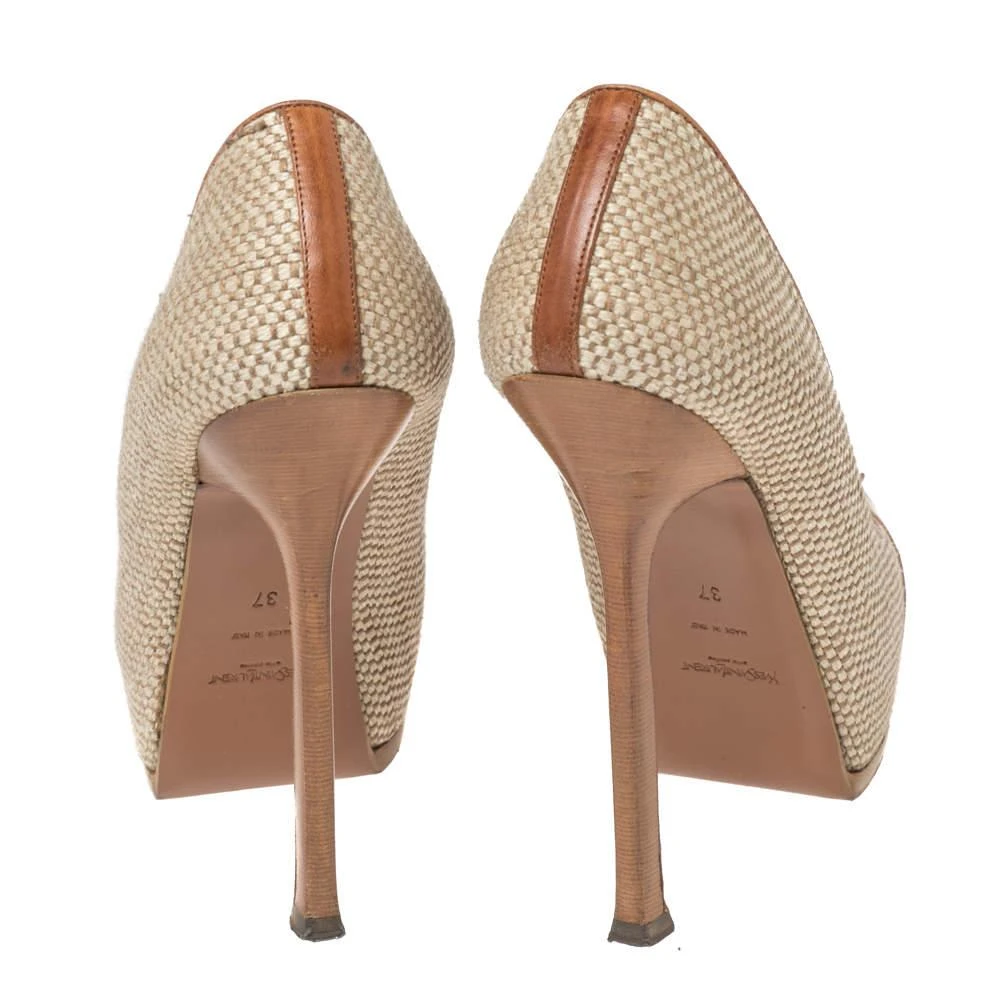 商品[二手商品] Yves Saint Laurent|Saint Laurent Brown/Grey Canvas And Leather Platform Tribtoo  Pumps Size 37,价格¥1253,第5张图片详细描述
