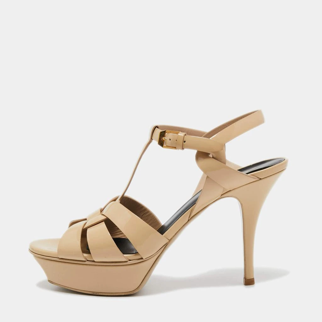 商品[二手商品] Yves Saint Laurent|Saint Laurent Beige Patent Leather Tribute Platform Sandals Size 38,价格¥1365,第1张图片