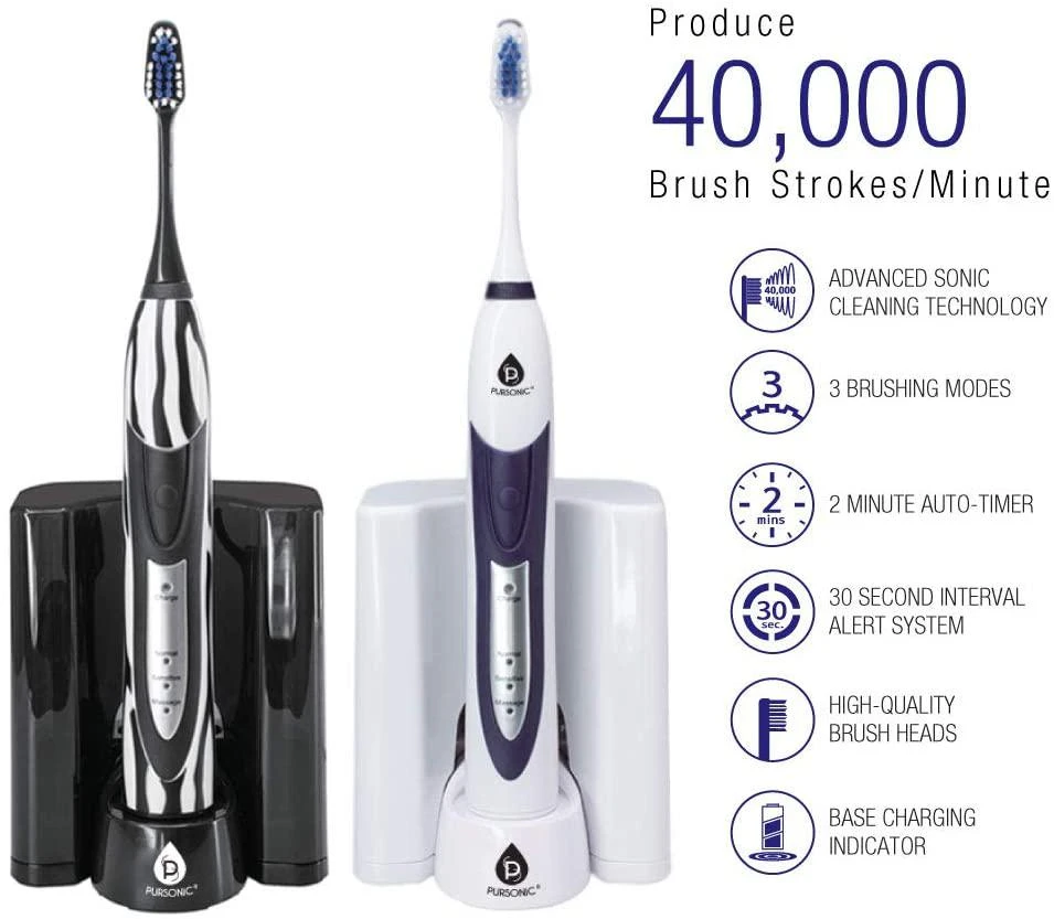 商品PURSONIC|Ultra High Powered Sonic Electric Toothbrush with Dock Charger, 12 Brush Heads & More! (Value Pack)WHITE,价格¥411,第2张图片详细描述