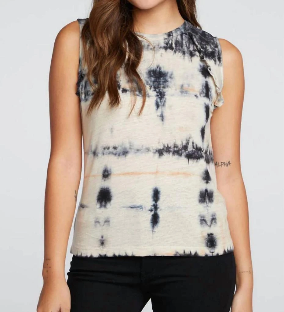 商品Chaser|Linen Jersey Ruffle Raglan Muscle Tank In Black Sand Tie Dye,价格¥522,第1张图片