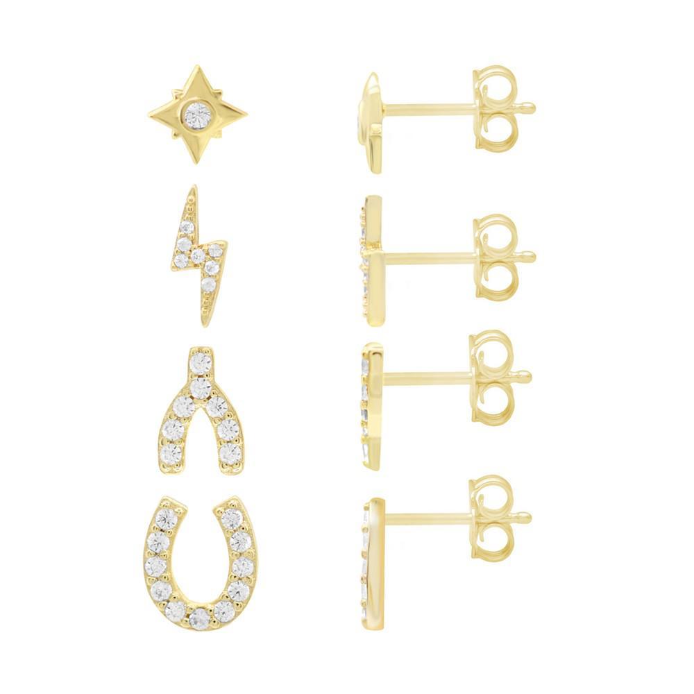 商品Essentials|High Polished and Cubic Zirconia Multi Motif Mix Match 4 Stud Earring Set, Gold Plate,价格¥186,第1张图片