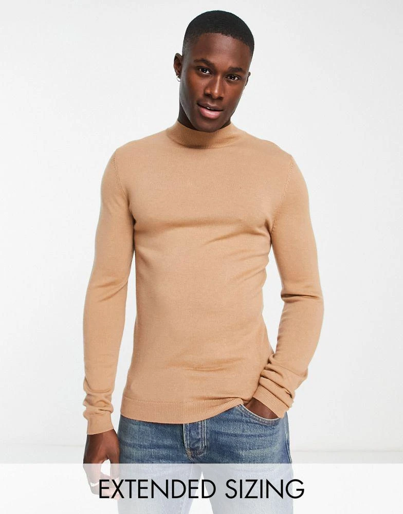 商品ASOS|ASOS DESIGN muscle fit premium merino wool turtle neck jumper in dark beige,价格¥166,第1张图片