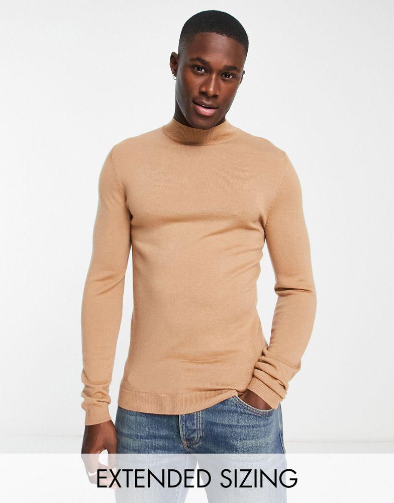 商品ASOS|ASOS DESIGN muscle fit premium merino wool turtle neck jumper in dark beige,价格¥306,第1张图片