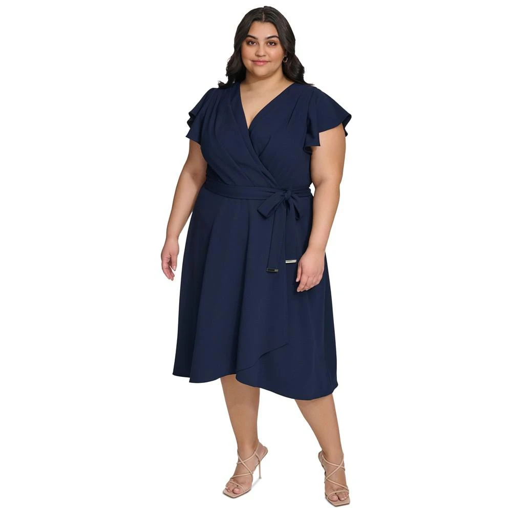 商品DKNY|Plus Size Surplice-Neck Flutter-Sleeve Faux-Wrap Dress,价格¥599,第1张图片