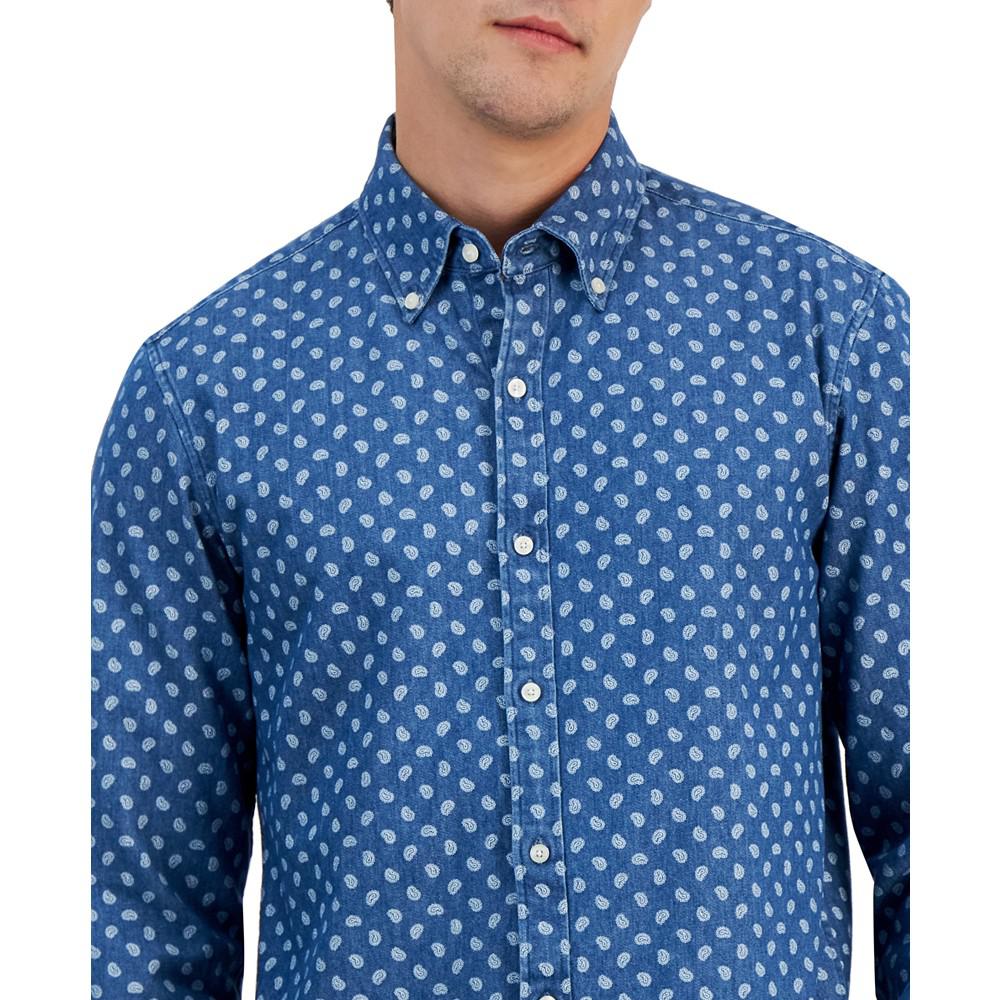 Men's Slim-Fit Stretch Paisley Pine-Print Button-Down Denim Shirt商品第3张图片规格展示