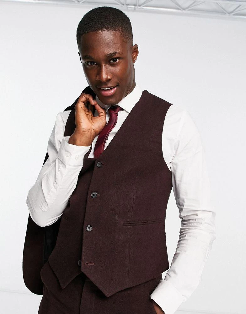 商品ASOS|ASOS DESIGN wedding skinny wool mix suit waistcoat in burgundy herringbone,价格¥155,第1张图片