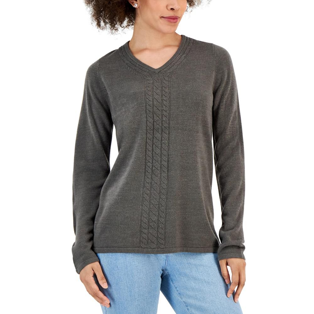 Women's V-Neck Front-Cable Sweater, Created for Macy's商品第1张图片规格展示