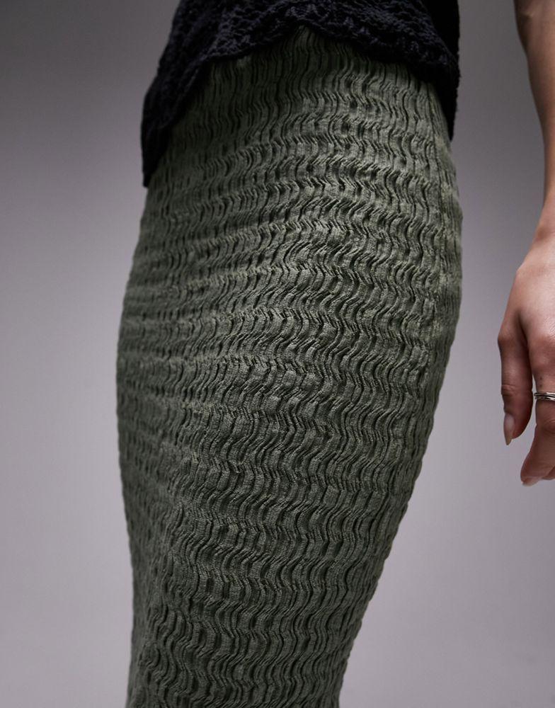 Topshop textured midi skirt in khaki商品第4张图片规格展示