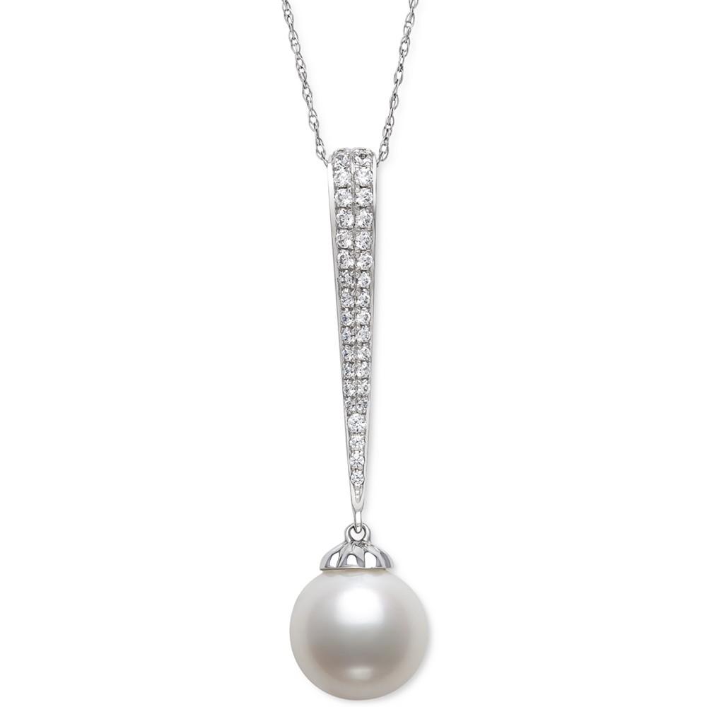Cultured Freshwater Pearl (9mm) & Diamond (1/5 ct. t.w.) Pavé Elongated 18" Pendant Necklace in 14k White Gold, Created for Macy's商品第1张图片规格展示