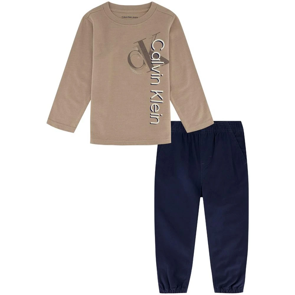 商品Calvin Klein|Little Boys Double Logo Long Sleeve Jersey T-shirt and Twill Joggers, 2 Piece Set,价格¥404,第1张图片