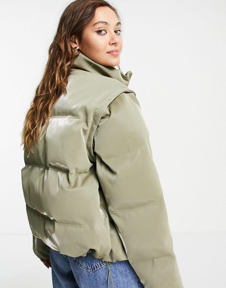 商品Topshop|Topshop sheen puffer jacket with removeable sleeves in khaki,价格¥294,第4张图片详细描述