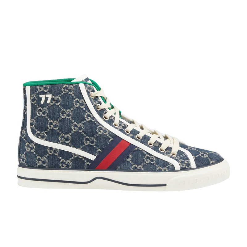 商品Gucci|【预售3-7天】GUCCI/古驰 21早春Tennis 1977系列 男士深蓝色GG提花牛仔布红蓝织带高帮休闲运动鞋6258072KQ904464,价格¥5459,第1张图片