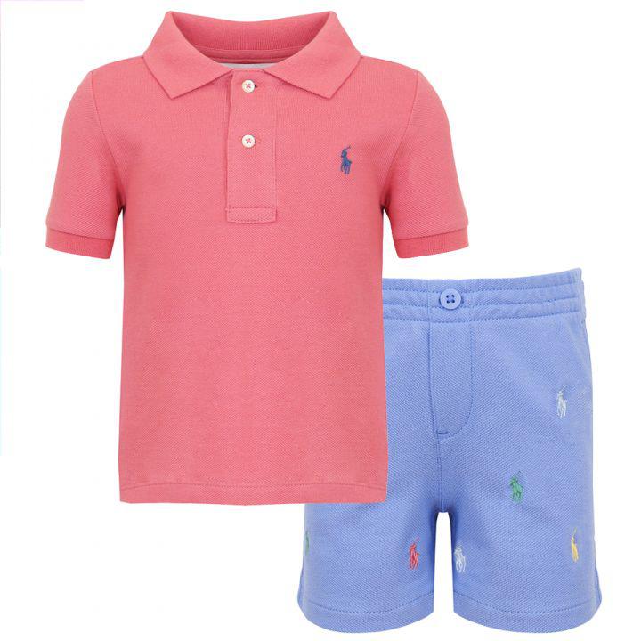 Salmon Red & Blue Polo Shirt & Shorts Set商品第1张图片规格展示