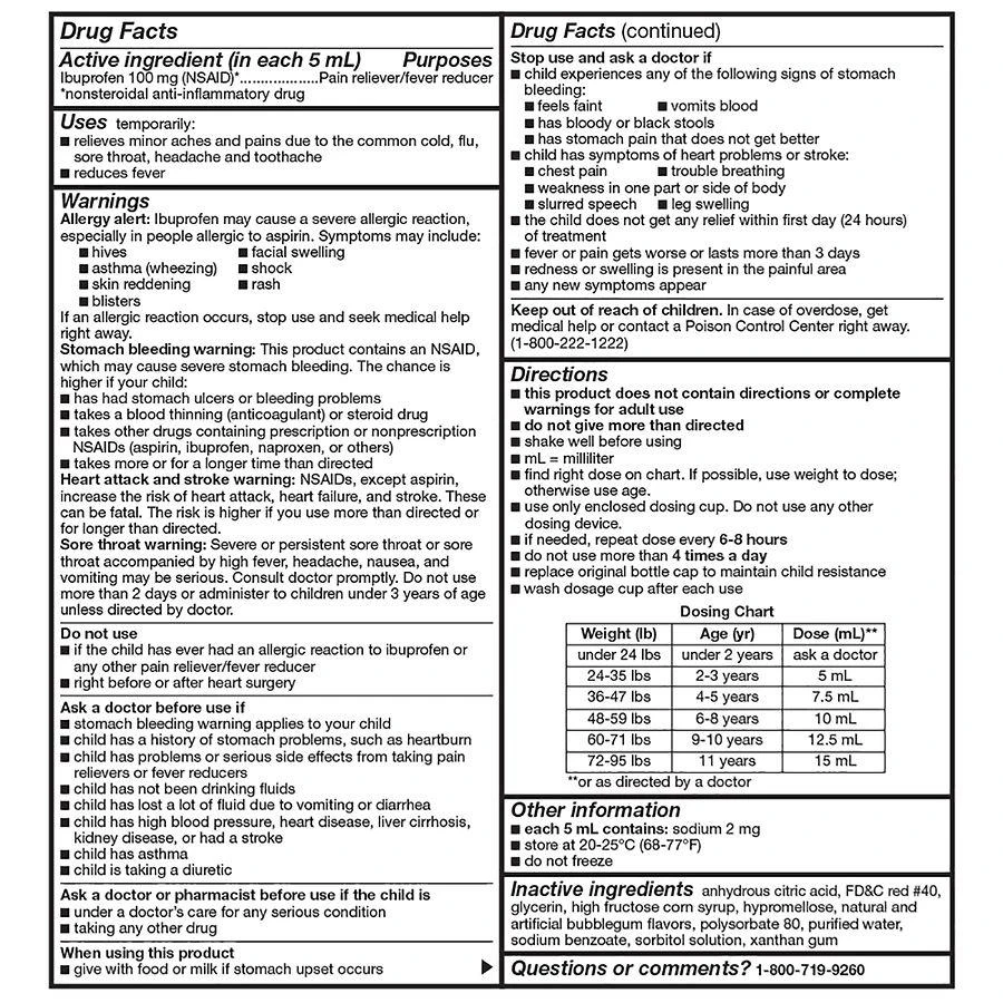 商品Walgreens|Children's Ibuprofen Oral Suspension 100 mg Bubble Gum,价格¥90,第4张图片详细描述