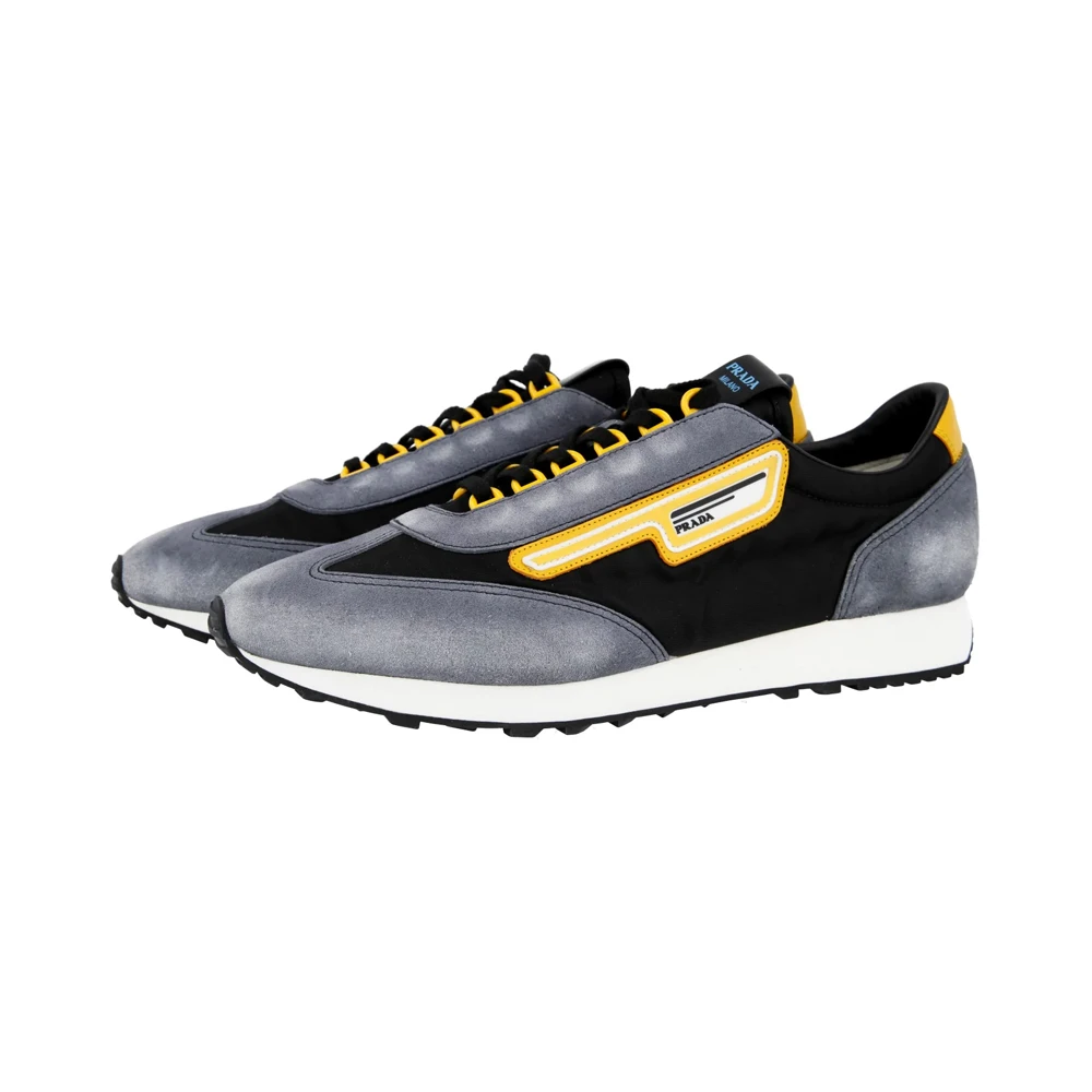 PRADA 男士黑色灰色拼色皮革运动鞋 2EG276-3KUY-F0002 商品