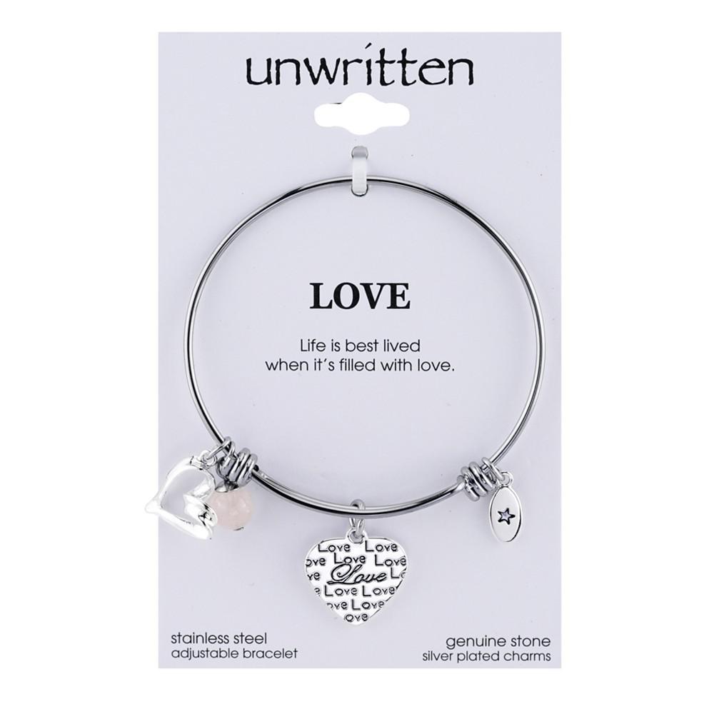 商品Unwritten|Love Charm and Rose Quartz (8mm) Bangle Bracelet in Stainless Steel with Silver Plated Charms,价格¥412,第1张图片