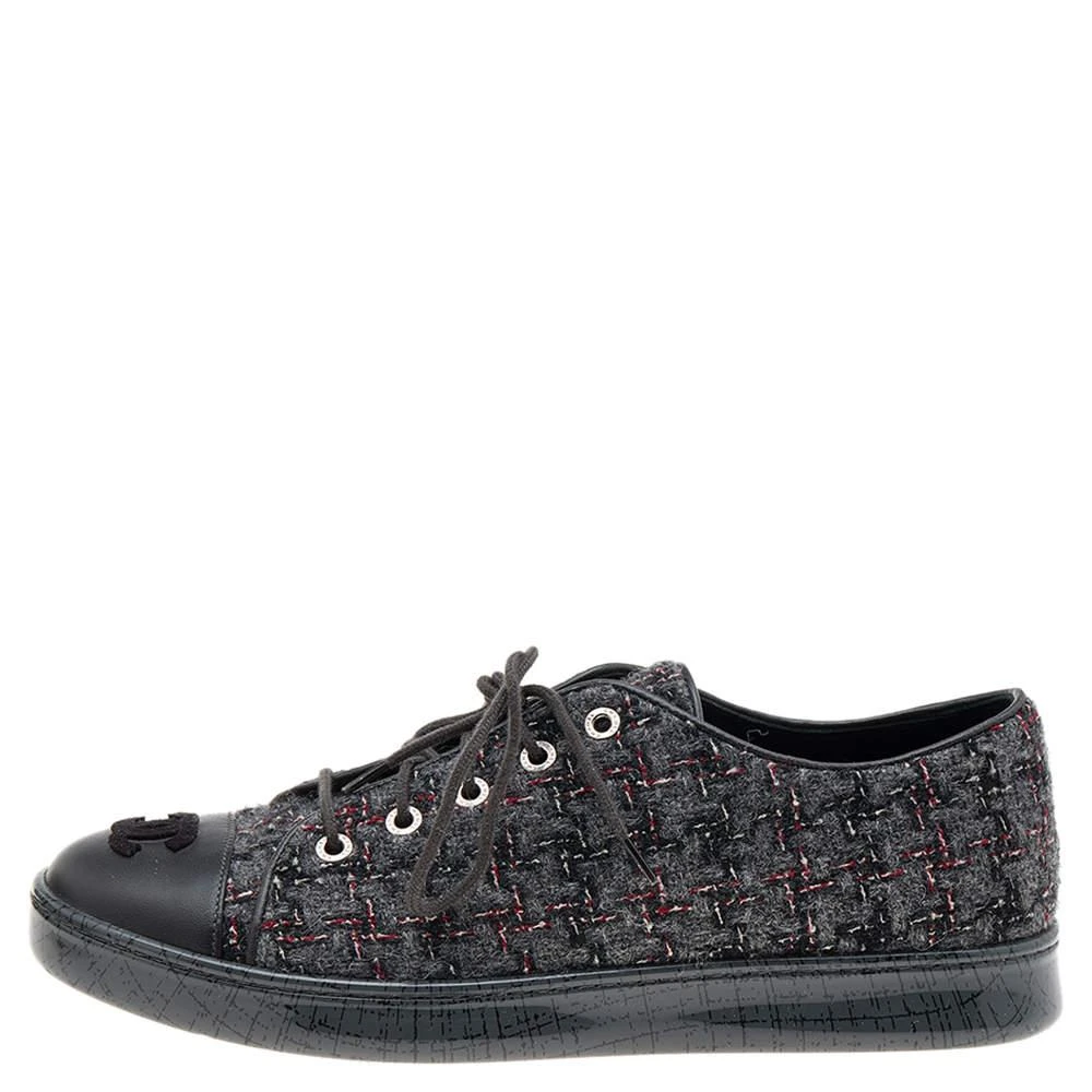商品[二手商品] Chanel|Chanel Grey Tweed And Leather CC Cap Toe Low Top Sneakers Size 38,价格¥4219,第2张图片详细描述