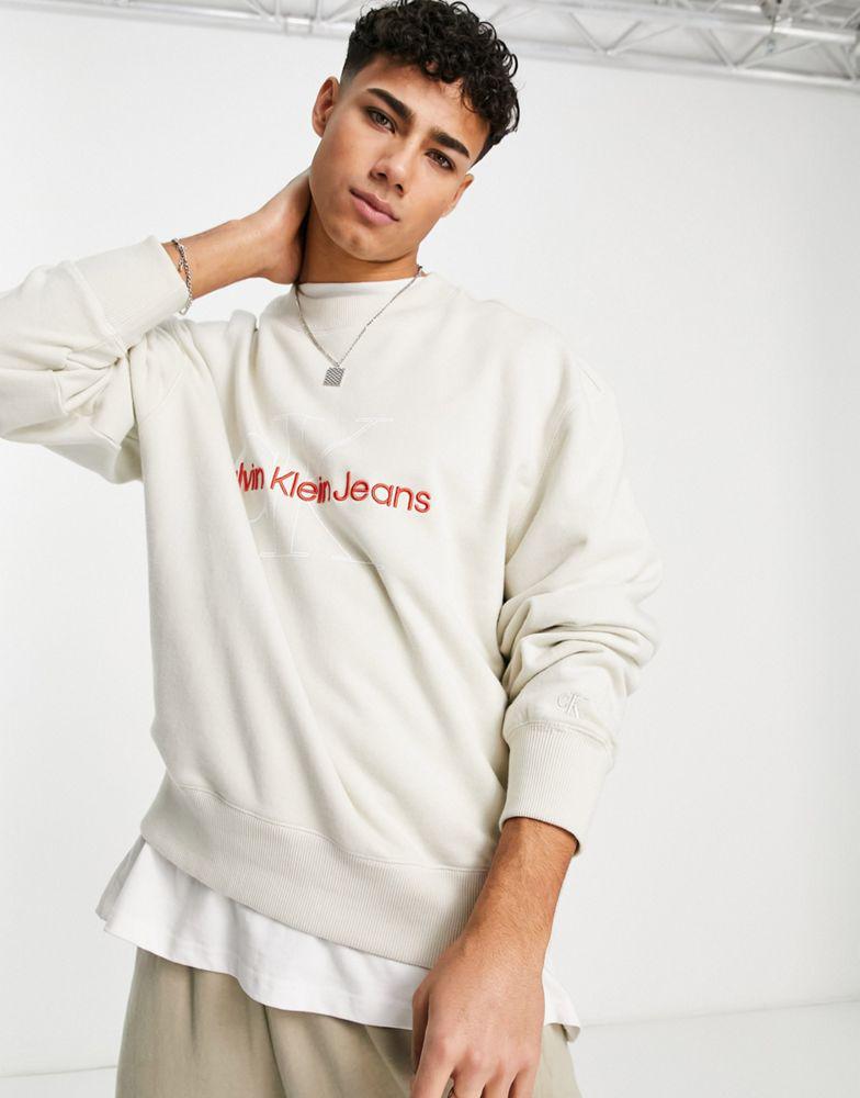 Calvin Klein Jeans two tone monogram relaxed fit sweatshirt in stone商品第1张图片规格展示