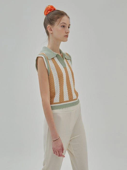 商品RAIVE|Open-collar Stripe Knit Vest in Beige VK2SV130-91,价格¥1111,第3张图片详细描述
