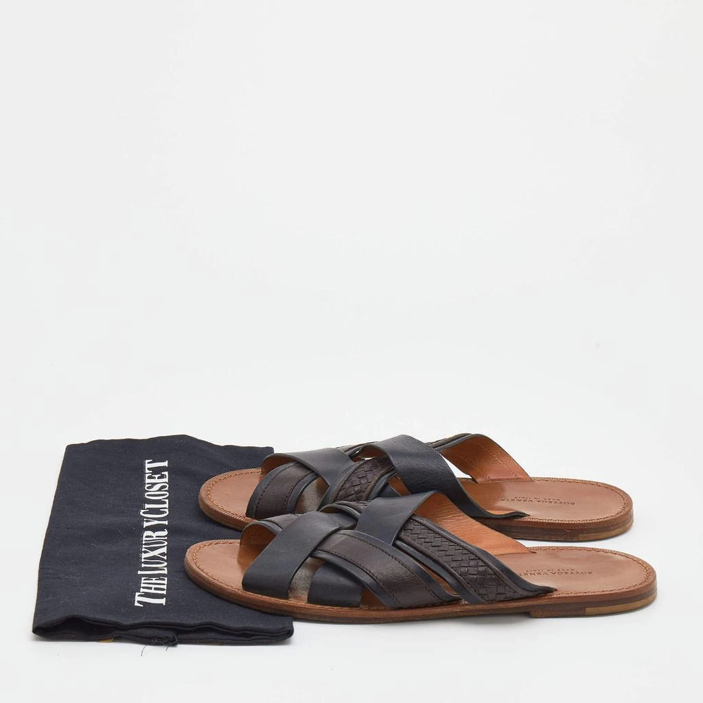 Bottega Veneta Black/Dark Brown Leather Criss-Cross Flat Slide Sandals Size 43 商品