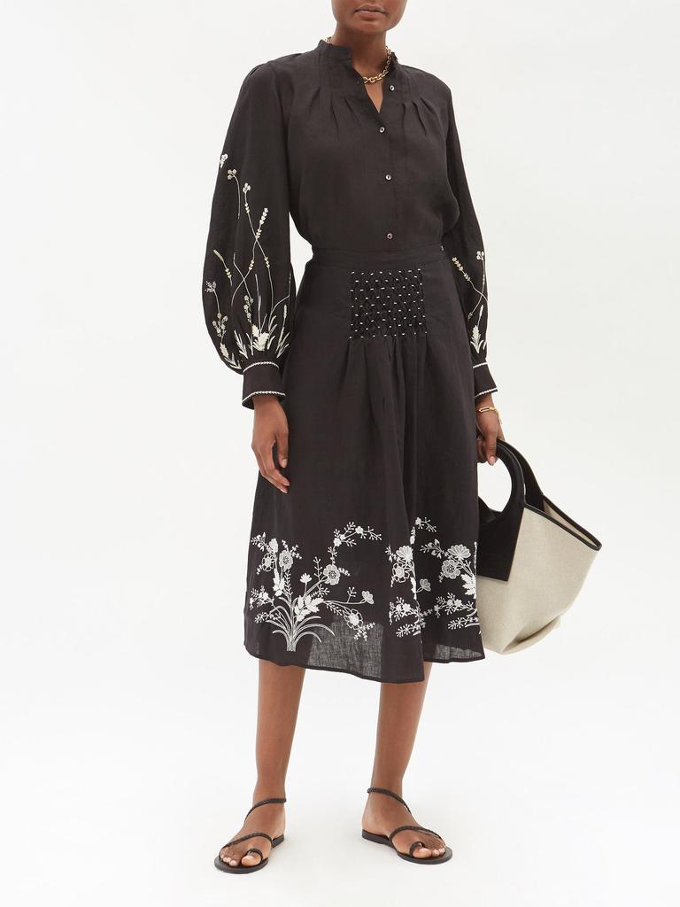Yulia floral-embroidered linen midi skirt商品第2张图片规格展示