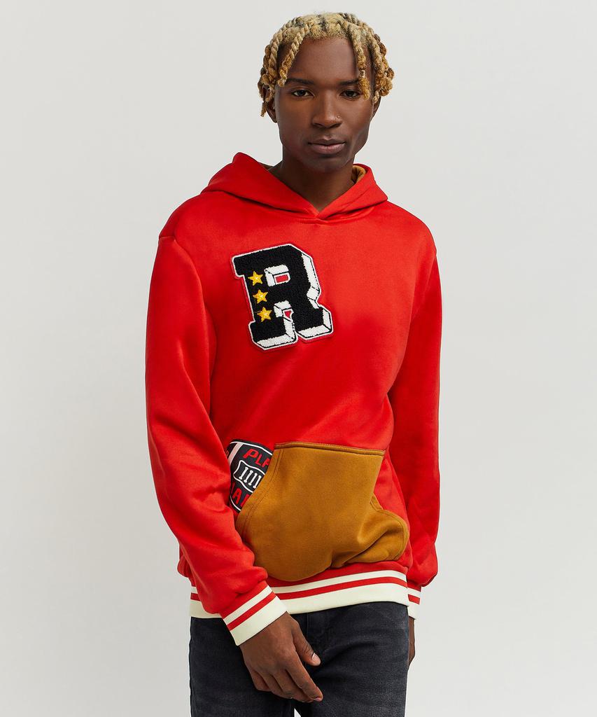Play Hard Patched Faux Suede Pockets Hoodie - Red商品第1张图片规格展示