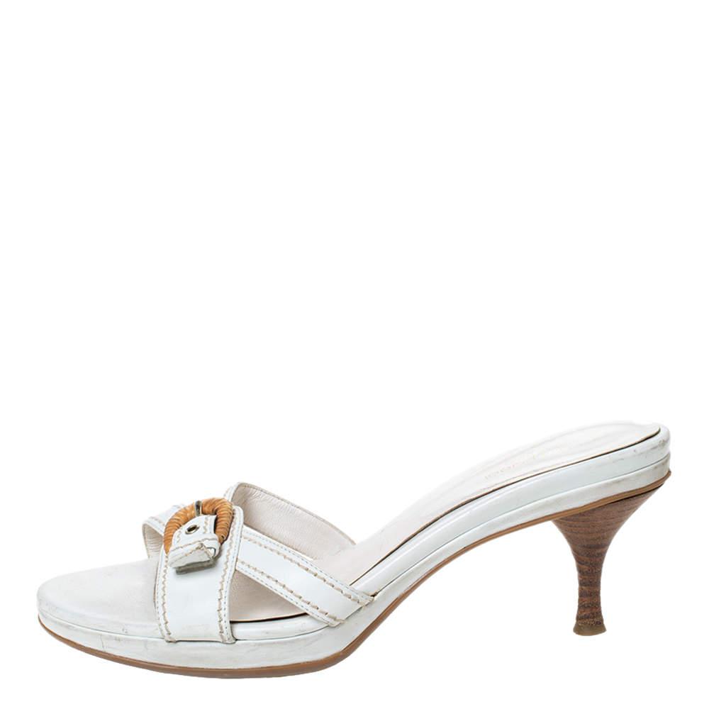 Sergio Rossi White Leather Buckle Detail Platform Slide Sandals Size 39.5商品第2张图片规格展示