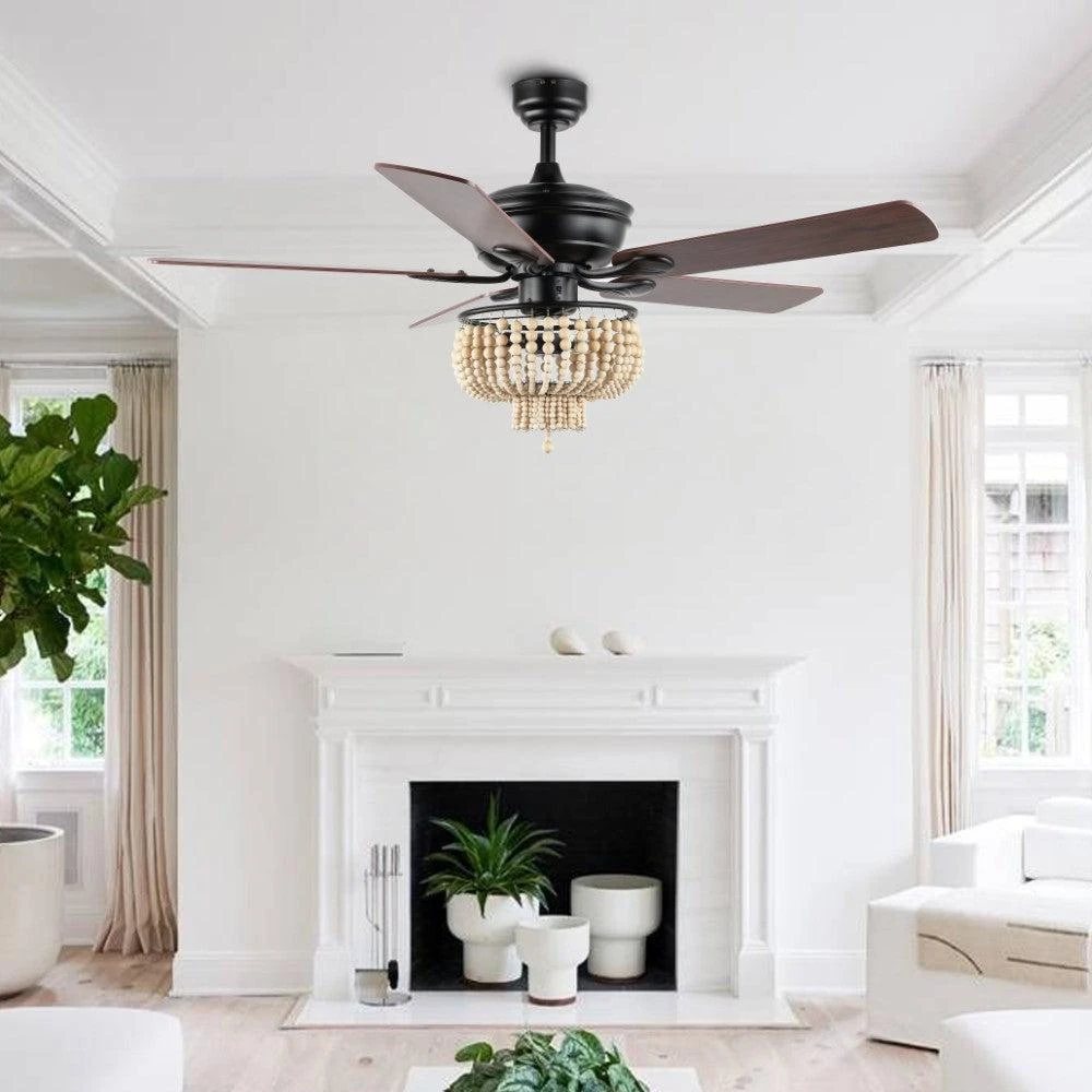 商品JONATHAN Y|Opal 52" 3-Light Farmhouse Rustic Wood Bead Shade LED Ceiling Fan With Remote,价格¥3111,第4张图片详细描述
