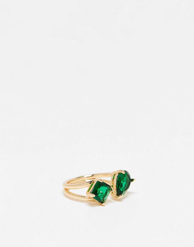 ASOS DESIGN open ring with split band and emerald stone in gold tone商品第1张图片规格展示