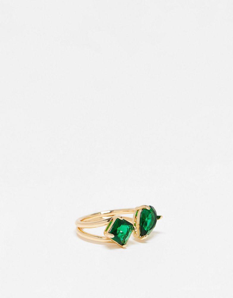 商品ASOS|ASOS DESIGN open ring with split band and emerald stone in gold tone,价格¥58,第1张图片