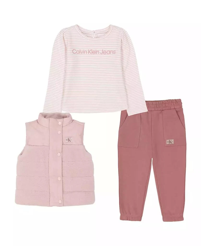 商品Calvin Klein|Toddler and Little Girls Fleece Berber Quilted Vest, Long Sleeve Striped Tee Fleece Joggers, 3-Piece Set,价格¥272,第1张图片