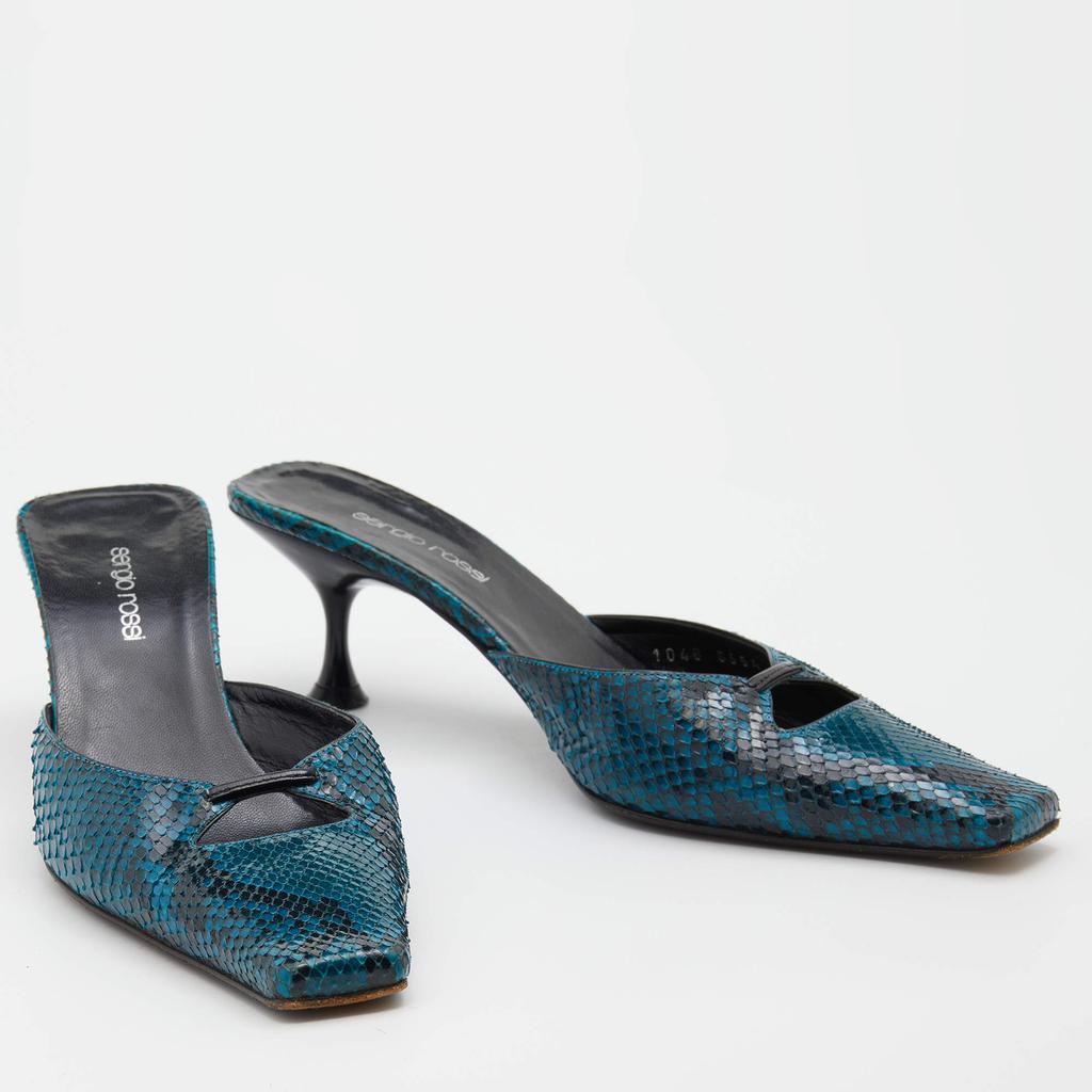 Sergio Rossi Blue/Black Python Leather Kitten Heel Mules Size 37商品第4张图片规格展示